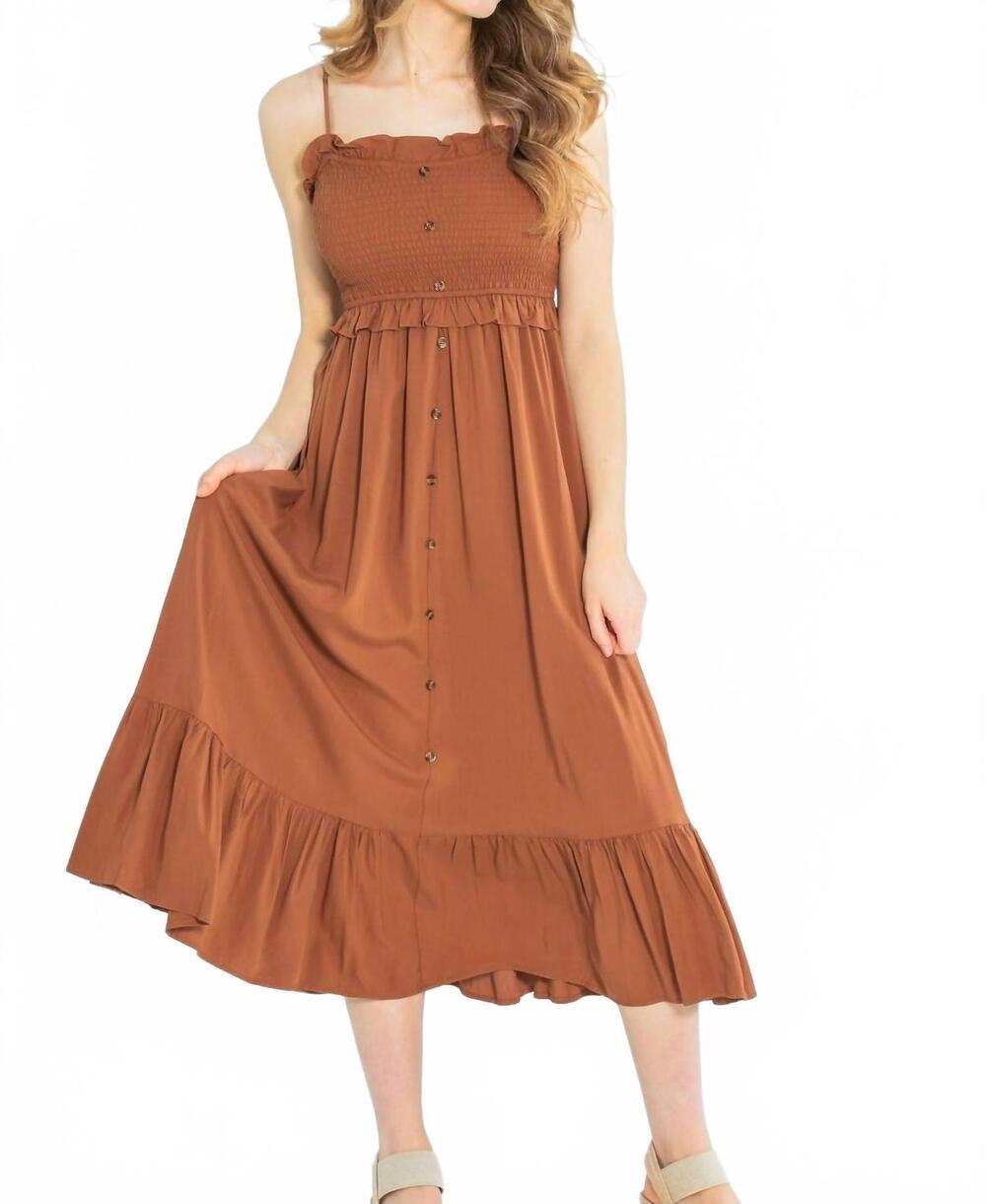 NEW MIKAROSE ruffle smocked midi dress in brown